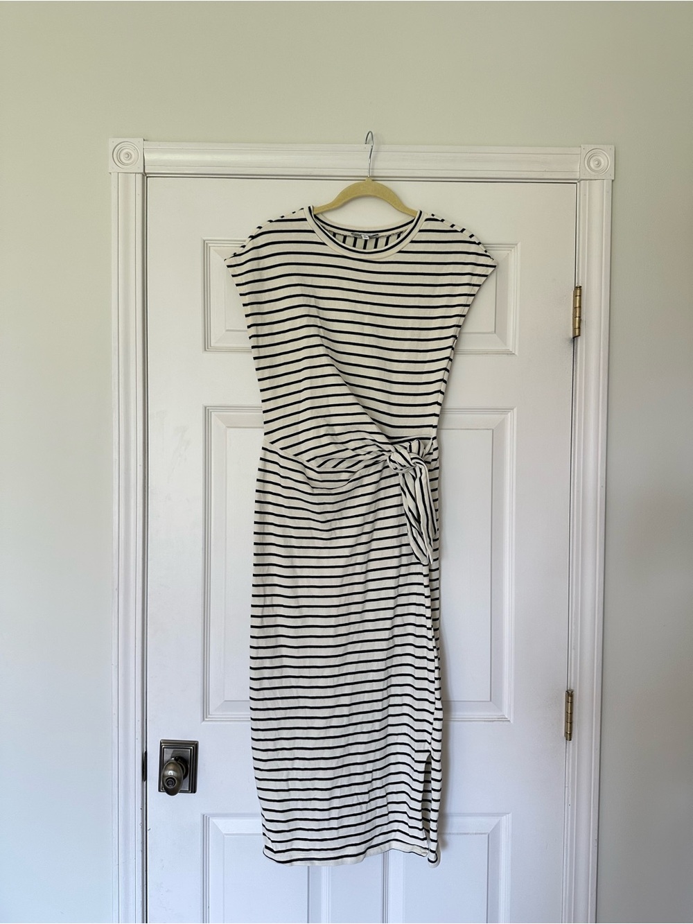 Striped Tie-Front Midi Dress in Cream and Black - Picture 2 of 9